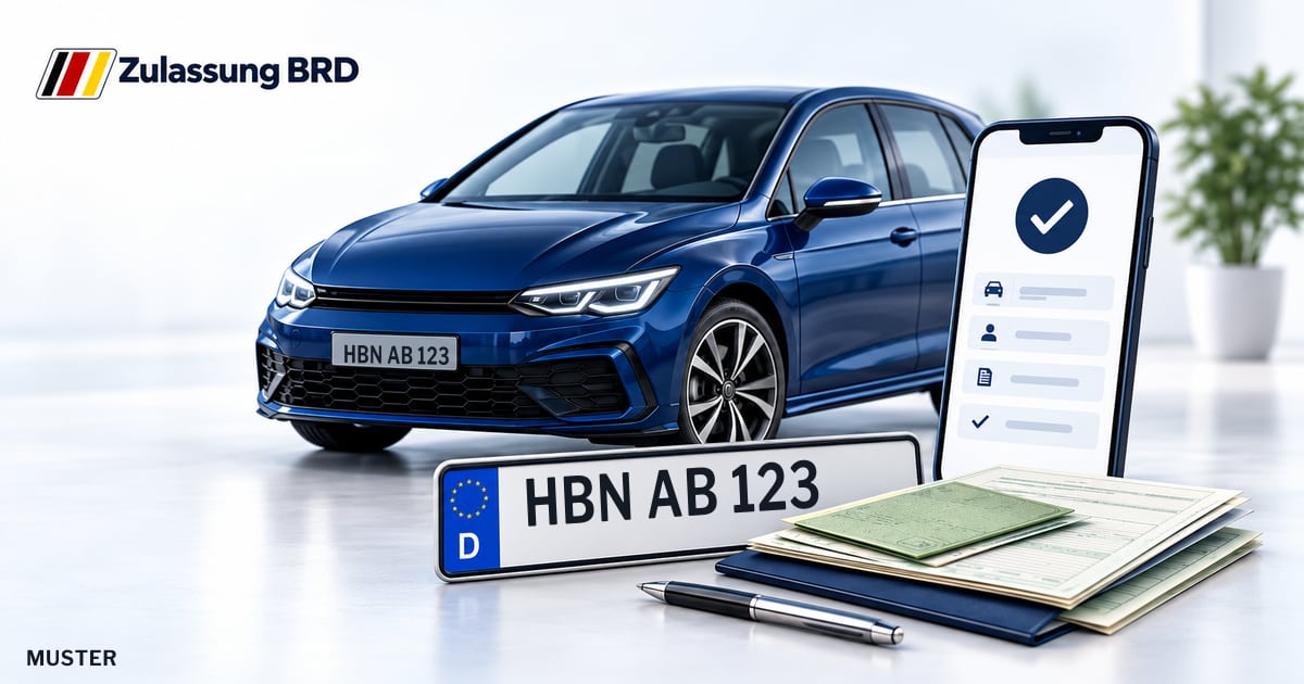 Online Fahrzeugzulassung in Schleusingen: Musterkennzeichen HBN AB 123, Auto und Fahrzeugpapiere und Smartphone. Illustration mit Logo von Zulassung BRD.